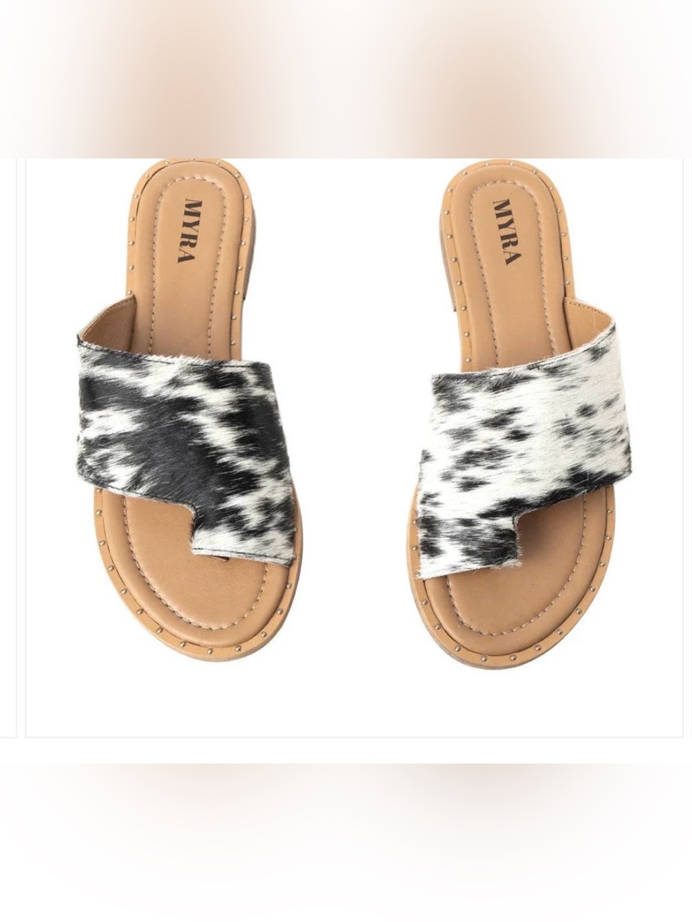Myra Black & White Cowhide Slide Sandals -Kimmee Trail Sandal In Black and White